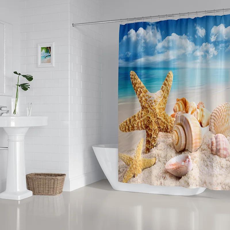 2022 New Shower Curtain Starfish Beach Pattern Bathroom Partition Waterproof  Coconut Sea View Polyester