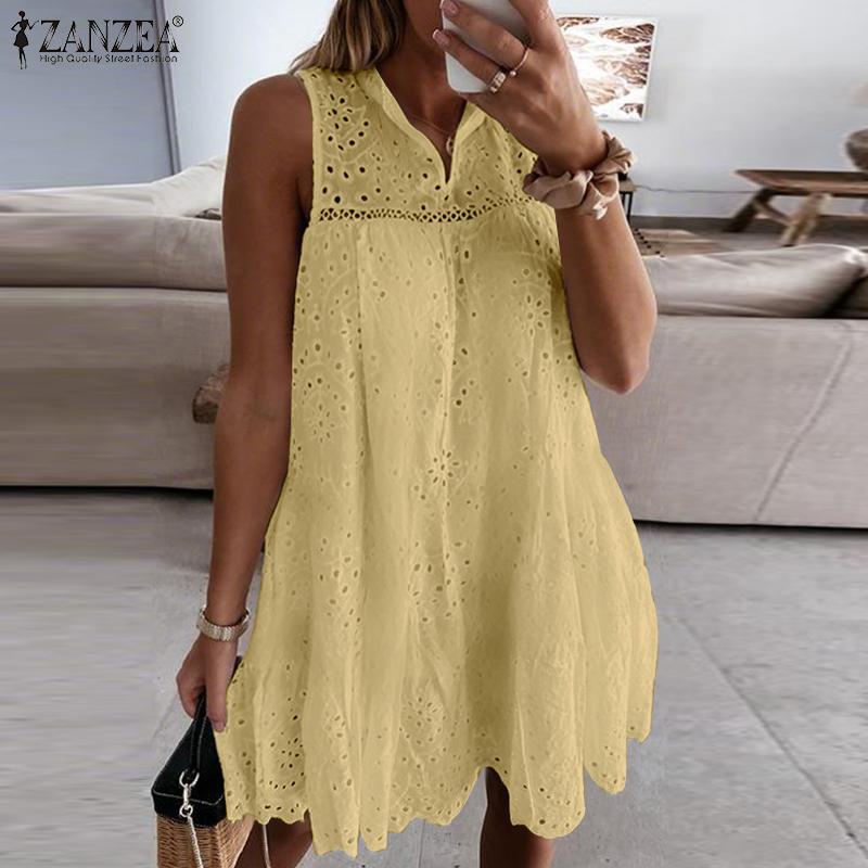 ZANZEA Damen Sommer Ärmellos Hohlstickerei Spitze Häkeln Kurzes Kleid