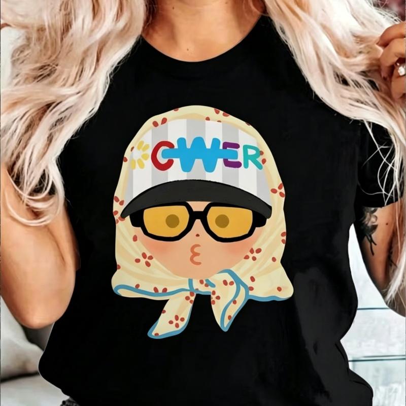 Cartoon Cool Girl Sunglasses Headscarf T-Shirt Trendy Fashionista Graphic Tee Casual Crewneck Top Tshirt for Women