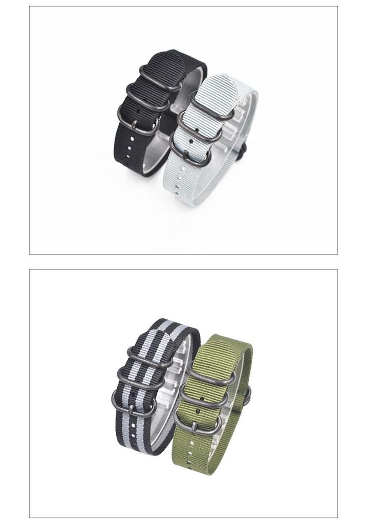 One-Piece Five-Ring Nylon Watch Strap with Frosted Silver & Black Buckles (18-20-22mm)