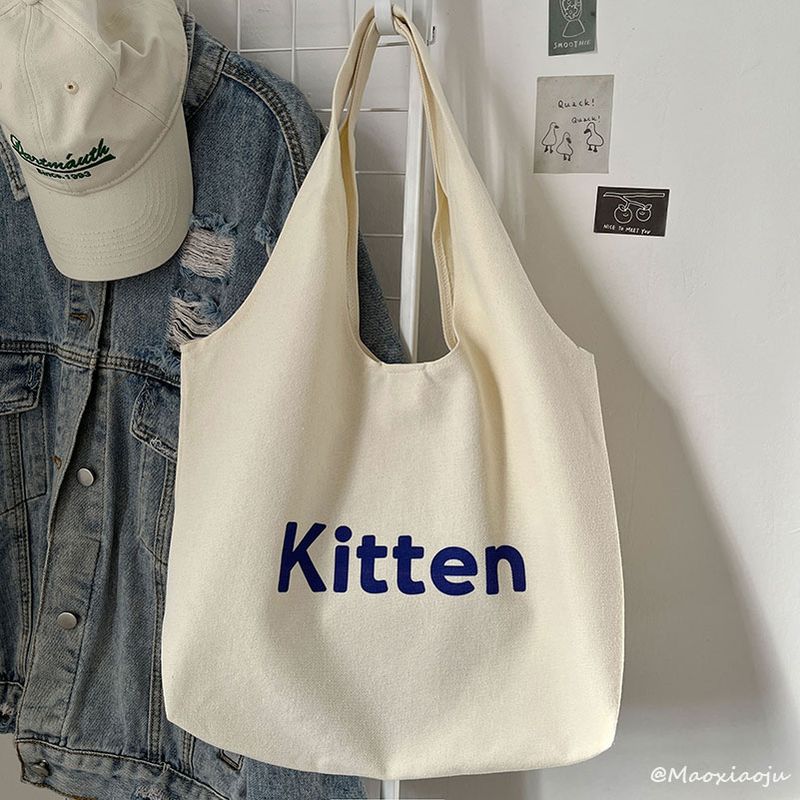 

Summer Satchel One-Shoulder Student Work Clothing White Canvas Bag Kitten