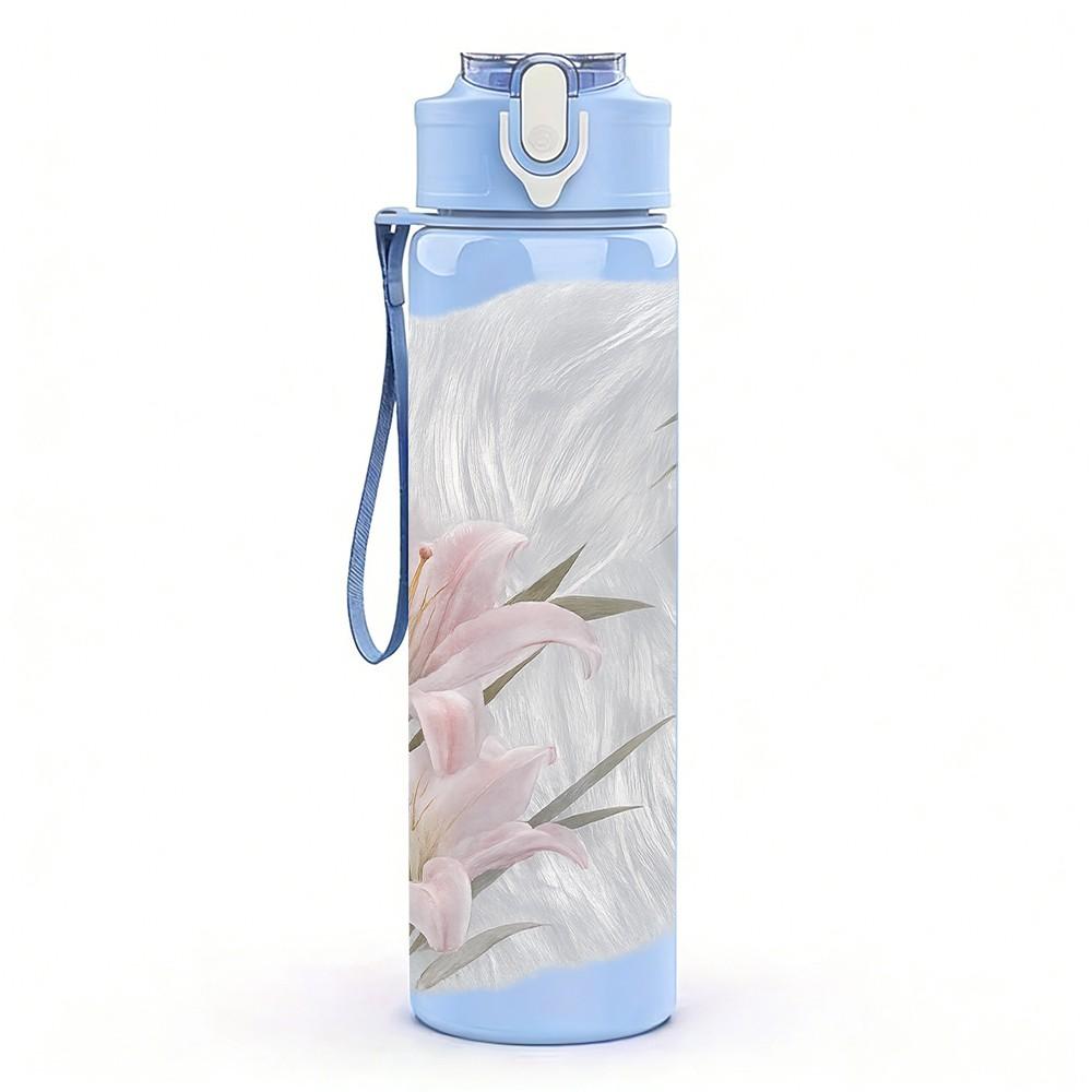 1PC Pale White Lily Flower Art Print 750ml Color Plastic Sports Water Bottle Leakproof Flip Straw Lid Suitable for Sports Office Home Use
