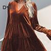 Spring Fall Women Dress Golden Velvet V Neck Pleated Patchwork Long Sleeves A-line Solid Color Knee Length Dating Shopping Midi Dress