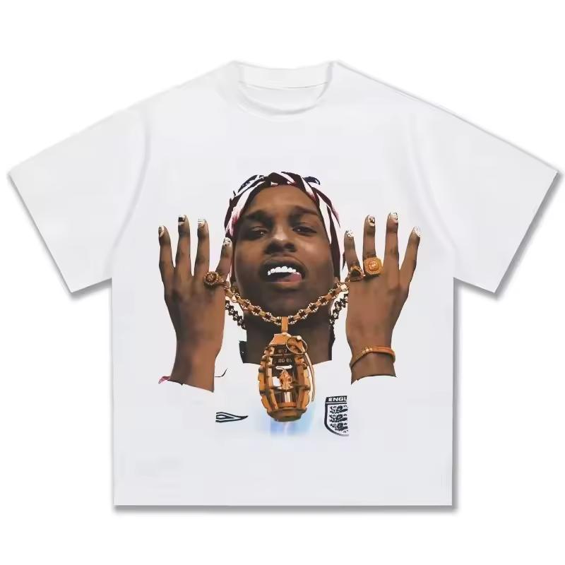 2026 Men Women Asap Rocky American Hip Hop Vintage Print Fashion Loose High Street Wash Heavy Cotton Short Sleeve T-shirt