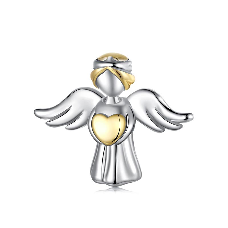 WOSTU 925 Sterling Silver Rainbow Moonstone Beads Heart Charms Angel Guard Pendant Fit Original Bracelet DIY Neckalce