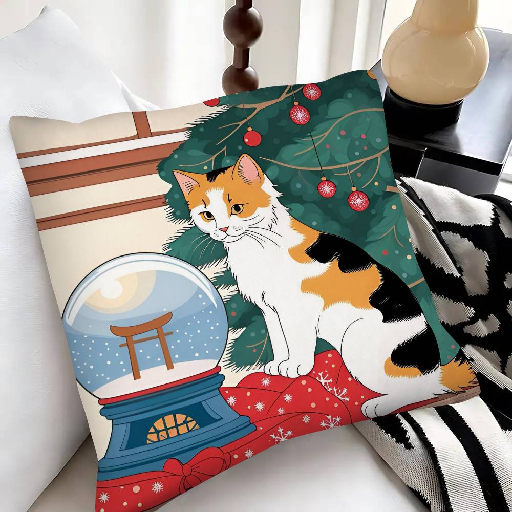 Cute Christmas Cat Pillow Case Fashion Square Pillowcase Bedroom Sofa Room Ins Decoration Leisure