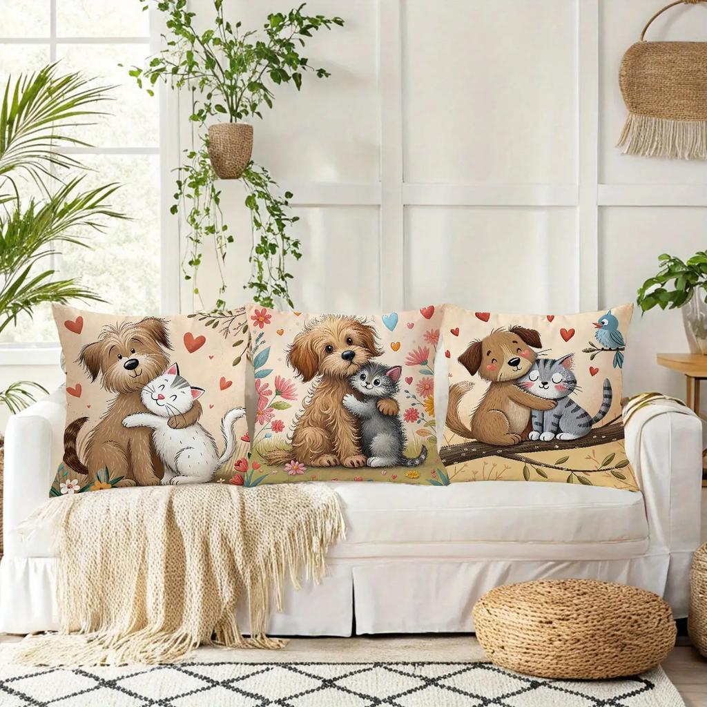 Cartoon Dog And Cat Design Digital Printing Pillow Cover Short Plush Suitable Living Rooms Bedrooms Sofas Throw Cushion Cover
