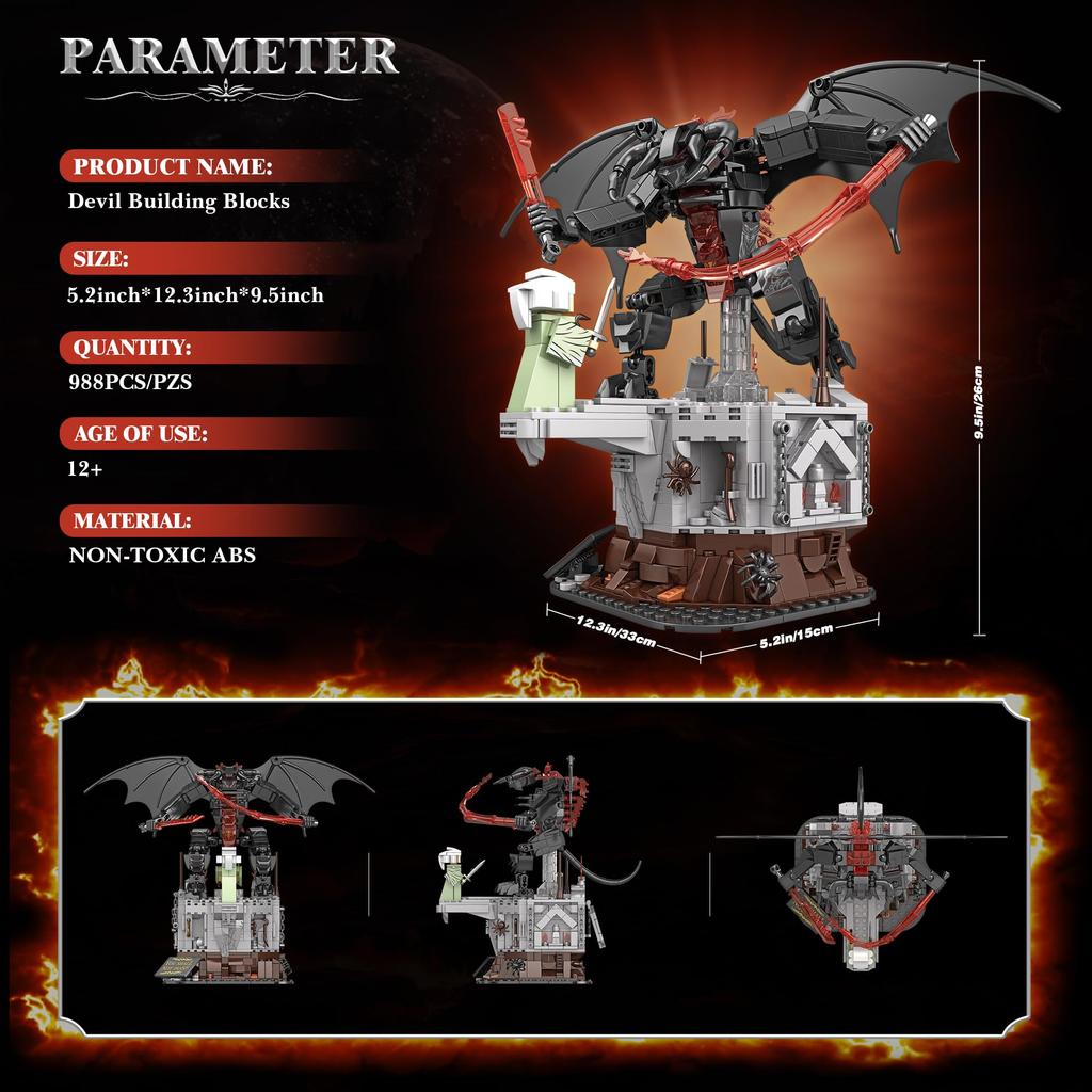 988 SZTUK Klocki Król Magicznych Pierścieni Diabeł Mroczny Władca Potwory vs Figurka na Klifie Zestaw do Budowania Potworów MOC
