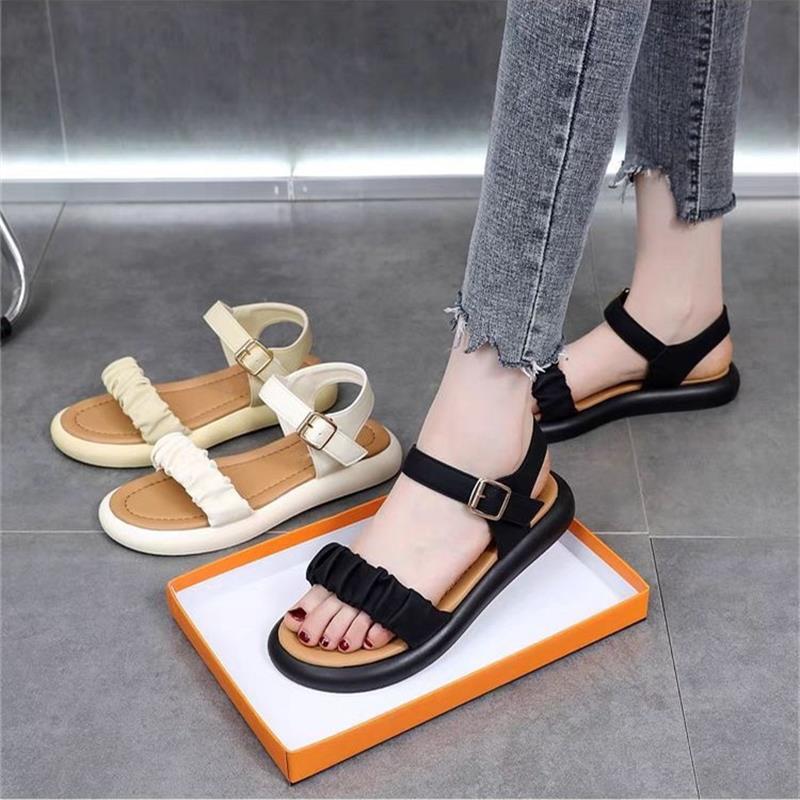 2025 new flat-soled sandals women's summer wear open-toe one-word buckle soft-soled versatile comfortable non-slip beach shoes