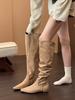 Coarse Heel Khaki Suede Tall Pile Knight Boots Women's Boots 2025 Autumn and Winter V-mouth Skinny Boots