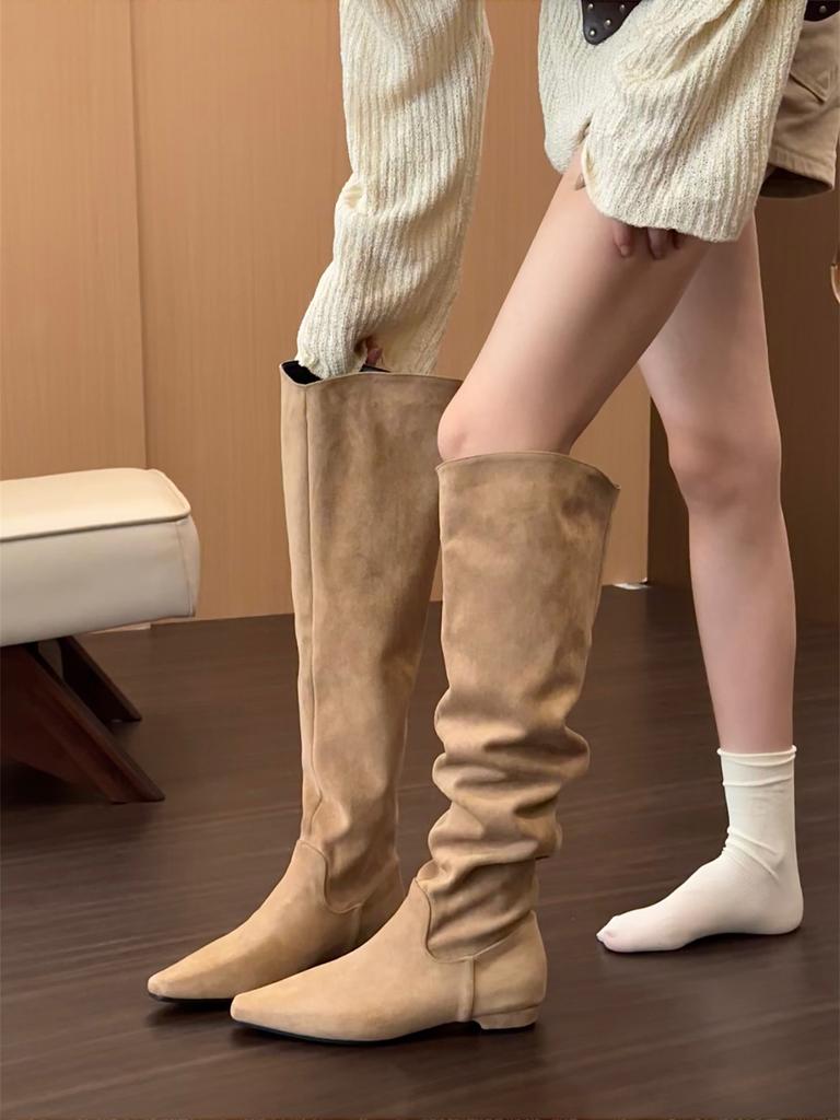 Coarse Heel Khaki Suede Tall Pile Knight Boots Women's Boots 2025 Autumn and Winter V-mouth Skinny Boots