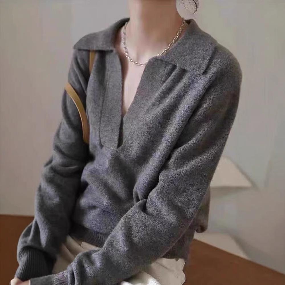Women's 100% Wool Polo Neck Sweater - Short, Versatile, Solid Color, Long Sleeve Knit Pullover for Autumn/Winter.