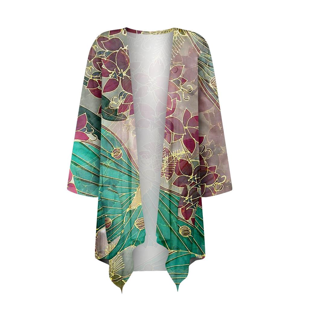 Women's Gradient Print Irregular Three-quarter Sleeve Cardigan With Pocket Jacket