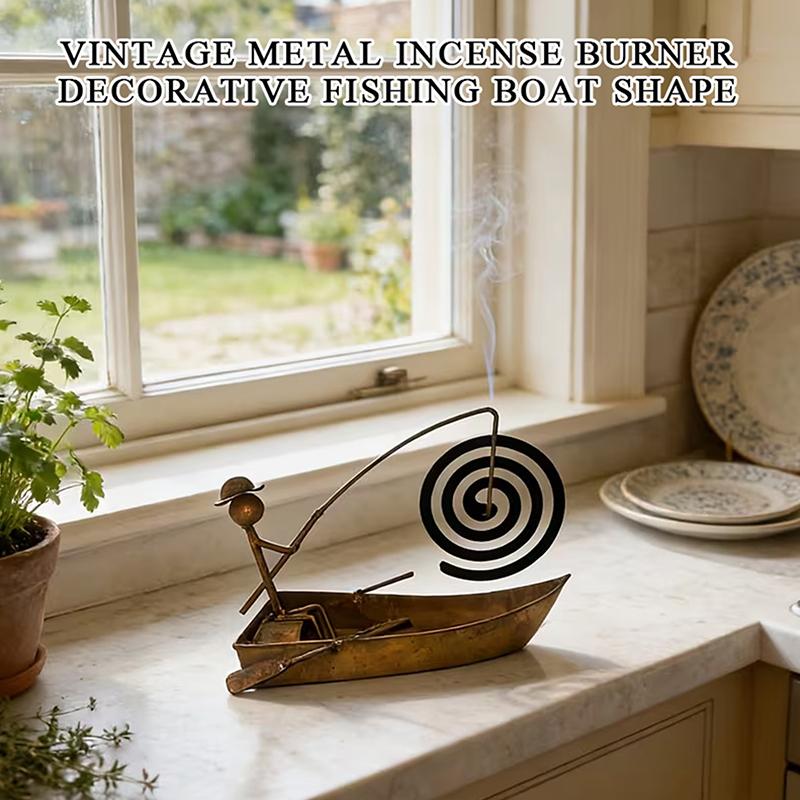 Retro Metal Incense , Decorative Fishing Boat Design, Creative Mosquito Coil Holder, Desktop Ornament.