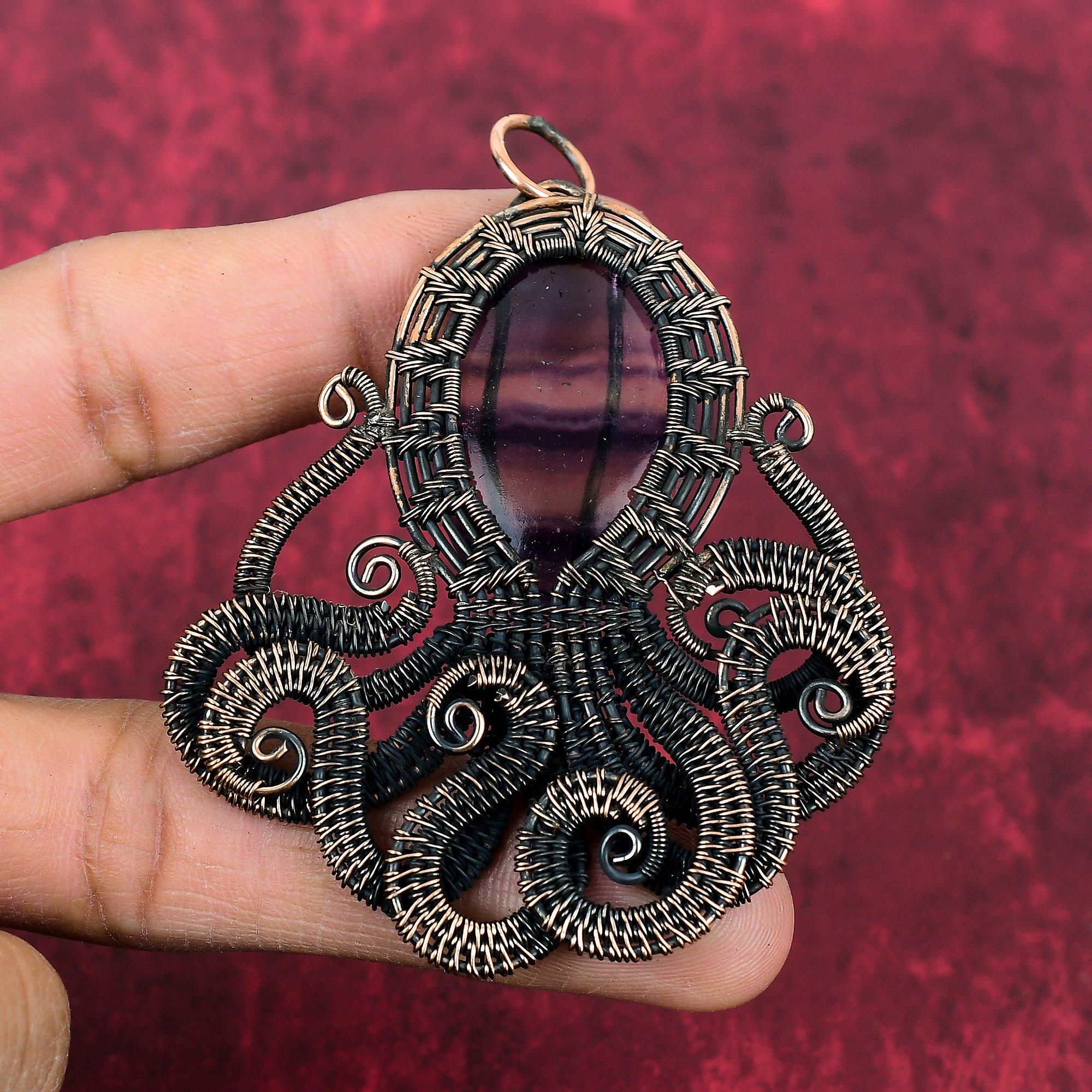Multi Fluorite Pendant Copper Wire Wrapped Pendant Octopus Pendant Handmade Wire Wrap Jewelry Gemstone Pendant Copper Jewelry Gifts For Mom