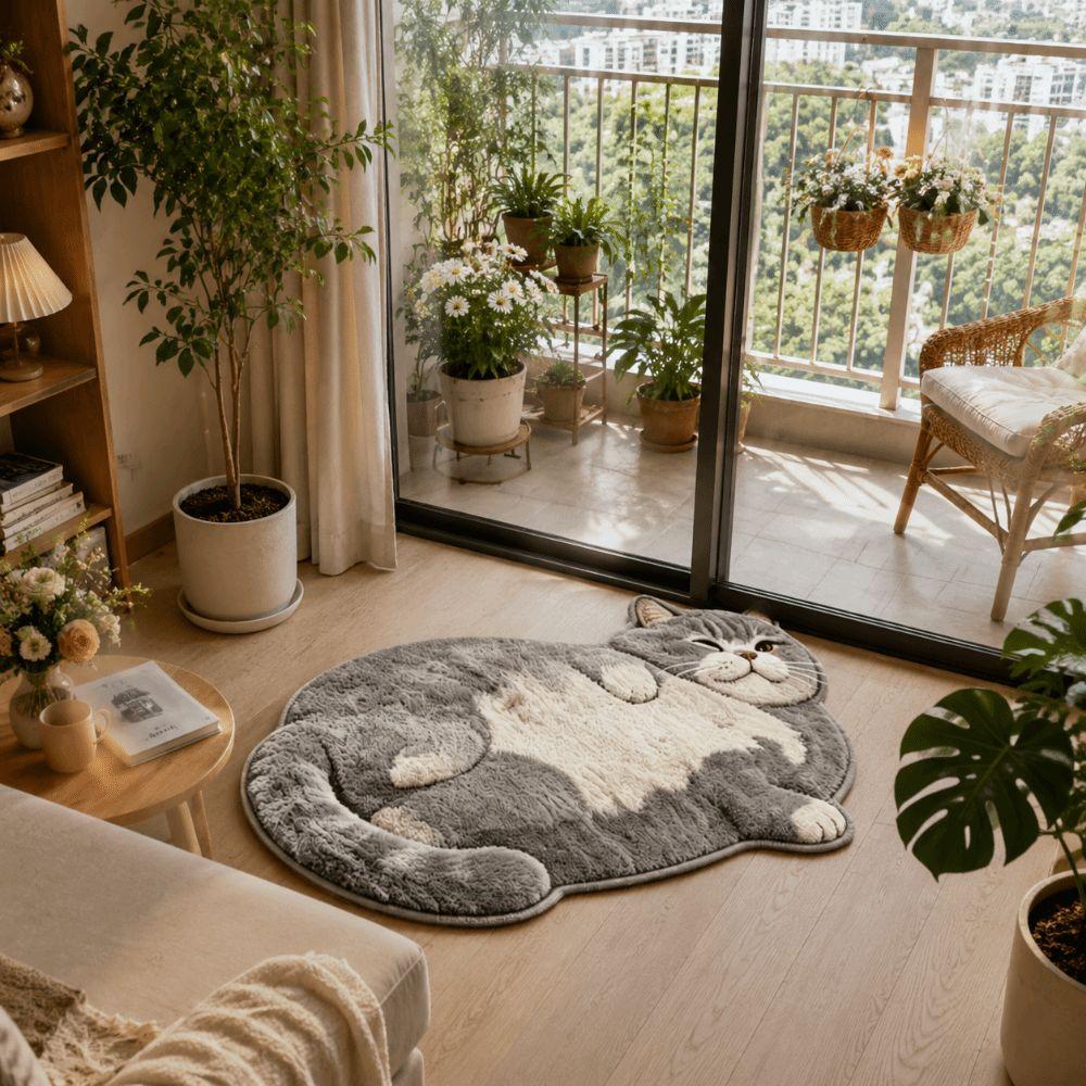 Easy To Clean Cat-Shaped Area Rug Non-Slip Cartoon Carpet Soft Home Decor Carpet Living Rooms