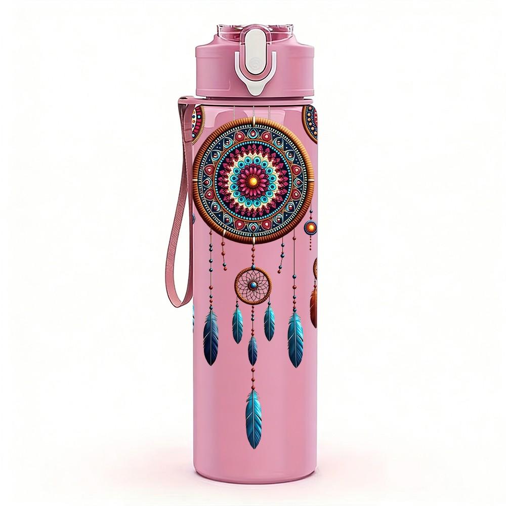 1PC Bohemian Dreamcatcher Colorful Feather Ornament 750ml Color Plastic Sports Water Bottle Leakproof Flip Straw Lid Suitable for Sports Office Use