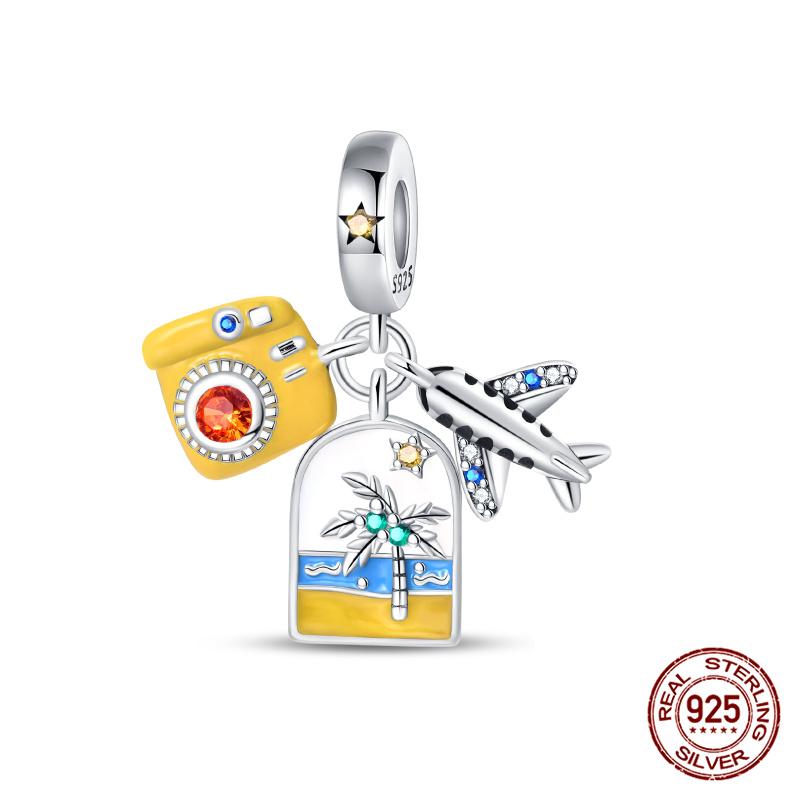 Authentic Original 100% Copper Metal Luggage Airplane Passport Summer Travel Charm Bead Components Compatible With Authentic Original Bracelet High