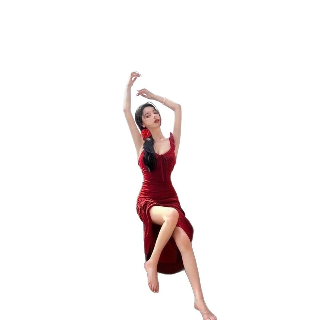 Burgundy Lace-up Ruffle Edge Suspender Dress for Women's Summer Pure Desire Wind Sexy Medium and Long Waist A-word Skirt
