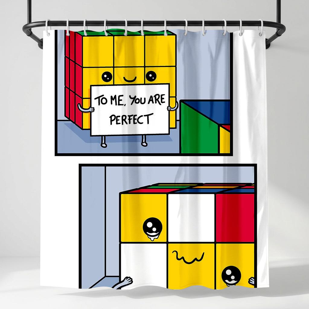 

Funny Rubiks Cube Shower Curtain, Cute Perfect Mindset Comic Bathroom Decor, Whimsical Puzzle Art Fabric Bathroom Curtain W60H190(CM)-1 Pcs