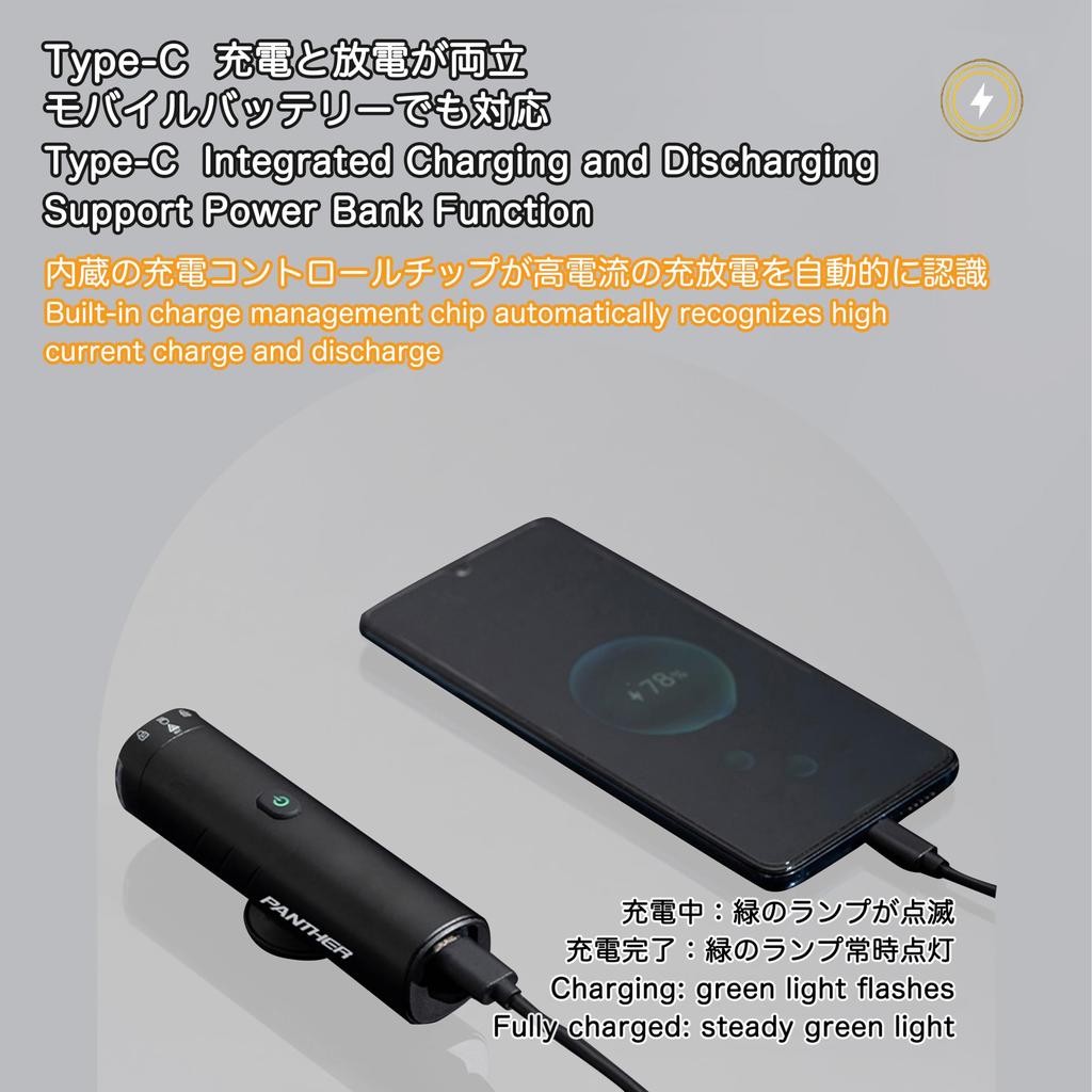 PANTHER Bicycle Cycle 1200 USB Battery Level 5 Dimming High IP66 Aluminum 6063 Alloy Light, High-Capacity 4000mAh, Lumens, Rechargeable, Indicator,