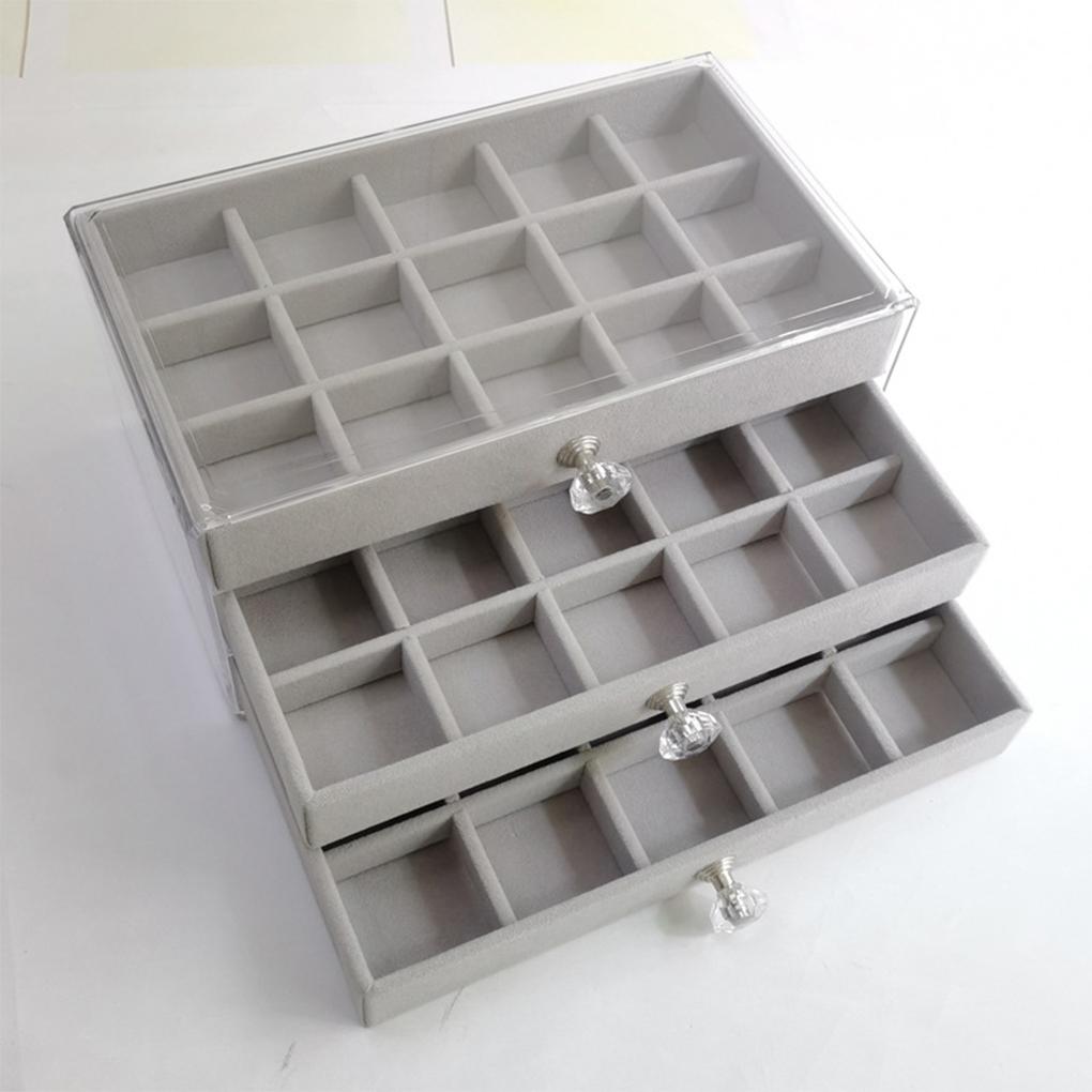 3 Layers Box 45 Grids Storage Jewelry Drawer Transparent Velvet Case Display Fashionable Holder for Women Girls