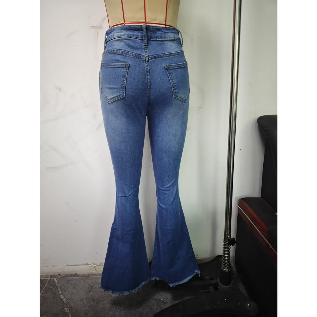 Women Bell Bottom Jeans Elastic Waist Ripped Flared Jean Destroyed Raw Hem Denim Pants