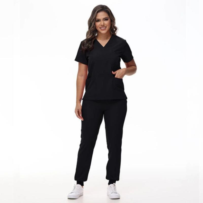 Medical Scrub Suit Healthcare Worker Scrub Top and Pants, Doctor's Work Uniform Elastic Quick-dry Short Sleeve Long Pants Nurse Outfit Set