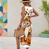 Women Plus Size U Neck Sleeveless Printed Long Tank Dress High Side Slit Curved Hem