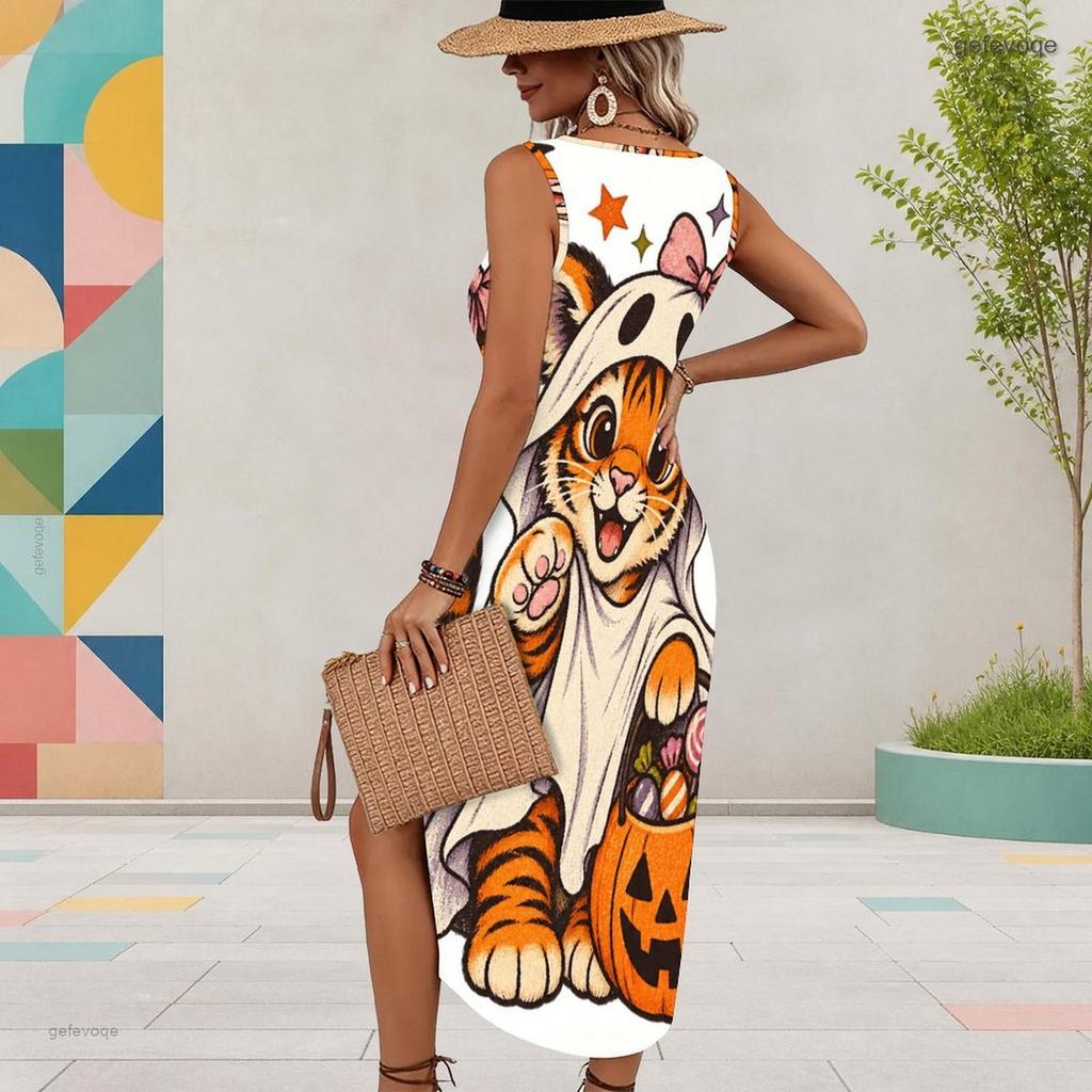 Women Plus Size U Neck Sleeveless Printed Long Tank Dress High Side Slit Curved Hem