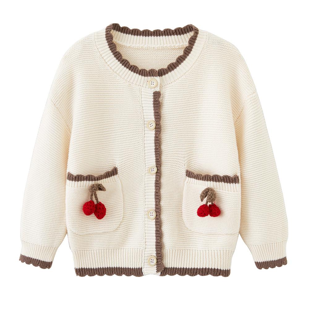 Spring and Autumn Contrast Color Round Neck Small and Medium Children's Knitted Cardigan Jacket Long Sleeve Pure Cotton Cherry Girl Sweater Cardigan