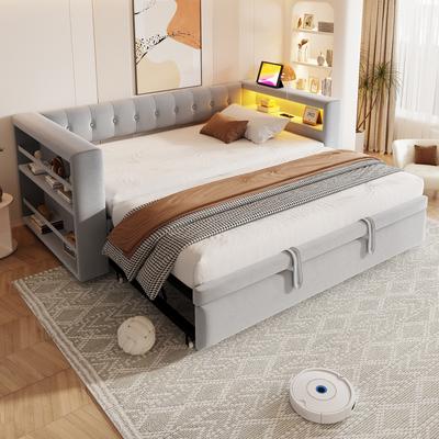Upholstered Bed 90/180×190 Cm, with LED Lighting, Sockets and Lots of Storage Space; Multifunctional Sofa Bed, Single Bed, Light Grey