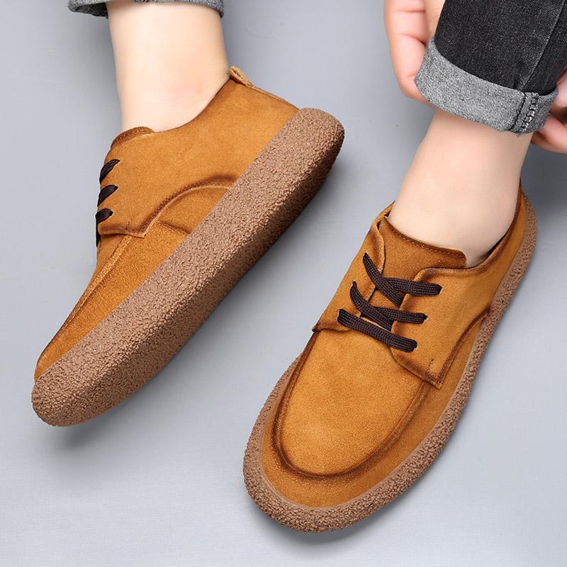 2024 Brand New Men's Cow Suede Leather Casual Shoes Round Toe Lace-up Soft Sole Loafers Breathable Daily Commute Driving Shoes