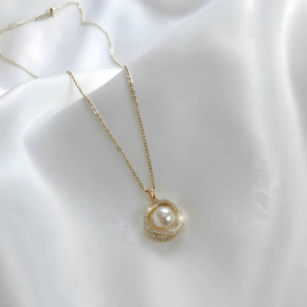 Tongu Single Pearl Pendant Diamond Pearl Necklace High-End Jewelry for Women and Girls, Alloy, Cubic Zirconia