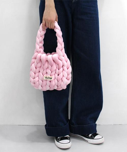 Acho Velvet Knitted Pompon Tote Bag_Light Pink