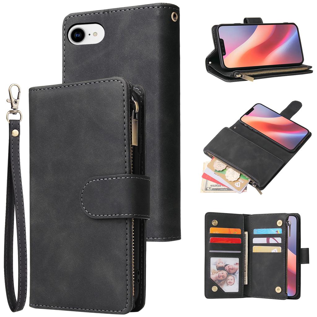 For iPhone 16e Case Zipper Wallet Multiple Card Slots Leather Phone Cover