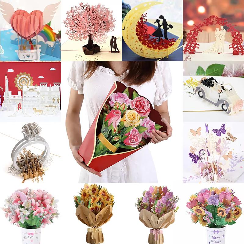 Premium 3D Pop Up Flower Bouquet Cards Mothers Day Gift Valentines Day Anniversary Birthday Greeting Card Thank You Wishes Gifts