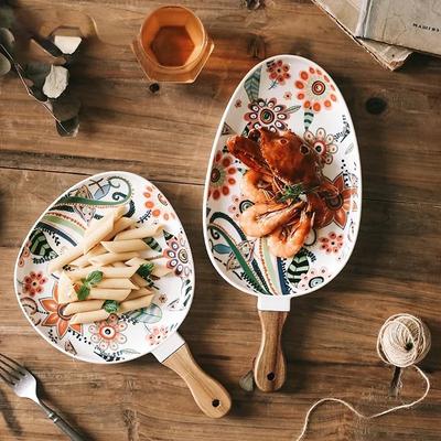 Nordic Ceramic Dinner Plates Dish Steak Salad Tray with Wooden Handle Christmas Home Decor Oval Dishes Tableware