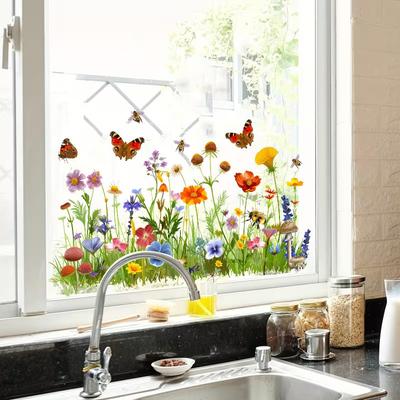 Fresh Wildflower Butterfly Window Sticker - Kitchen and Living Room Window Decoration Sticker