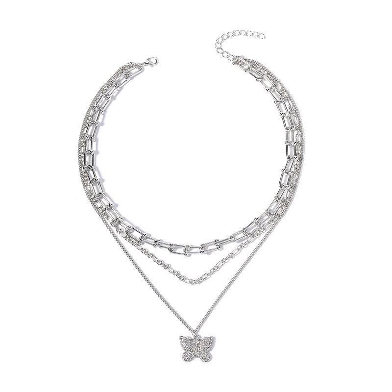 Diamond Butterfly Pendant Jewelry Thick Chain Multi-layer Necklace Exaggerated Personality Collarbone Chain