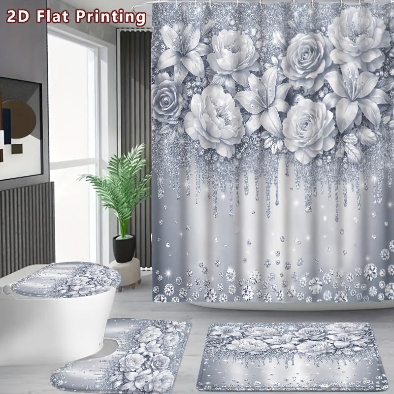 4Pcs Shower Curtain Set with Non-Slip Bath Mat, Toilet Lid Cover, Contour Rug & 12 Hooks, Bathroom Decor