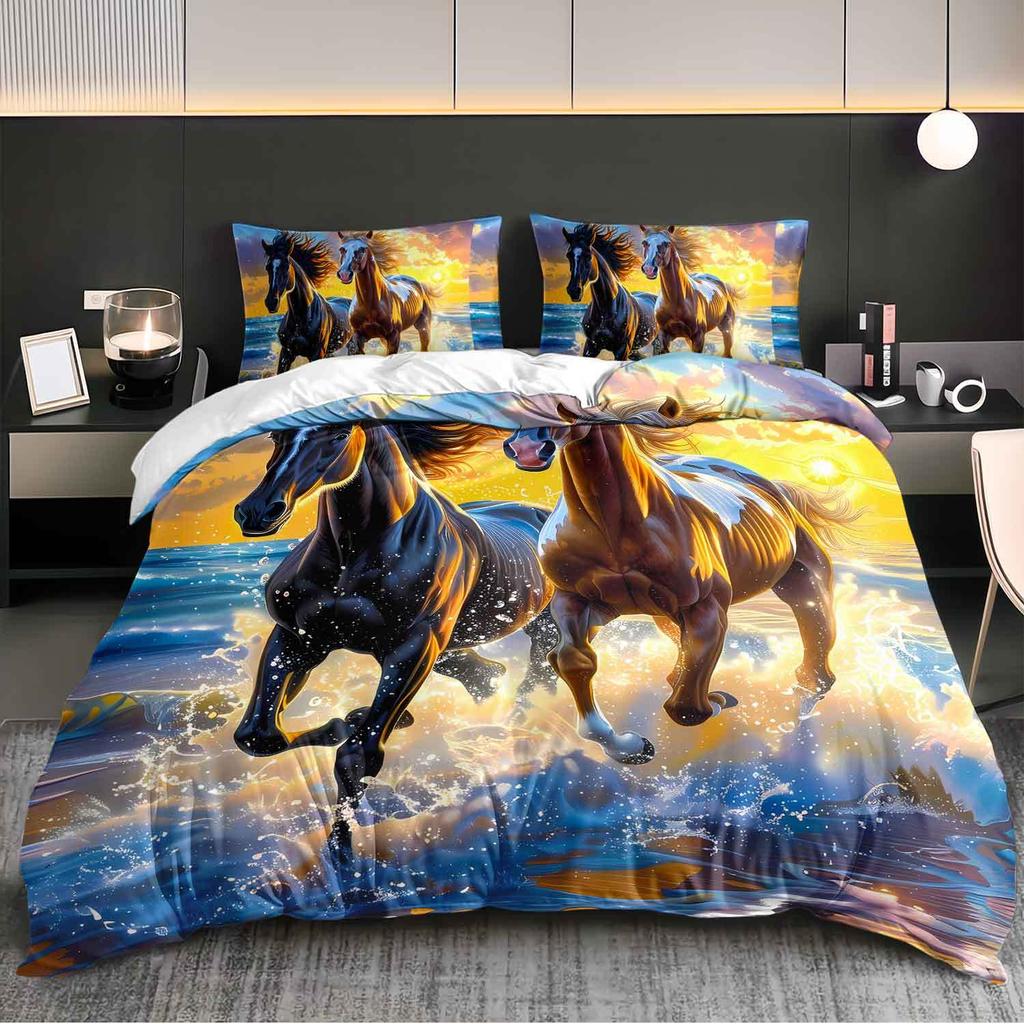3pcs Sunset Horses Running in Ocean Bedding Duvet Cover Set Horses Bedding Quilt Set Ocean Themed Bed Quilt Set Romantic Horses