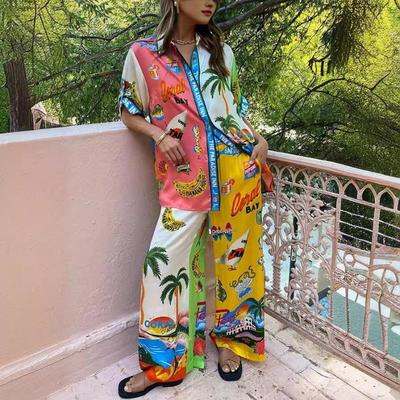 Trajes de 2 piezas Camisa con botones de manga corta y cintura alta Piernas anchas Ropa de salón Conjuntos informales con cintura elástica Camisa con estampado de plantas y flores