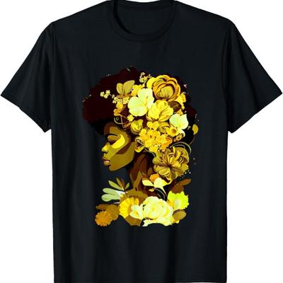 Beautiful Black Woman Afro Queen African Art Yellow Flowers T-Shirt