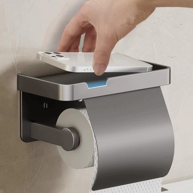 Gray Toilet Paper Holder with shelf Aluminum Black Tissue Paper Holder Milk Cream Paper Roll Holder With Phone Storage Shelf