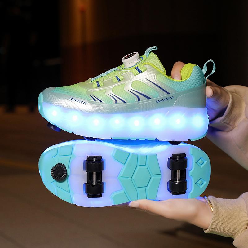 Kid's Roller Skates Removable Flat Charging LED Four Wheels Glowing Sports Shoes Pink Women's Glowing Sneakers