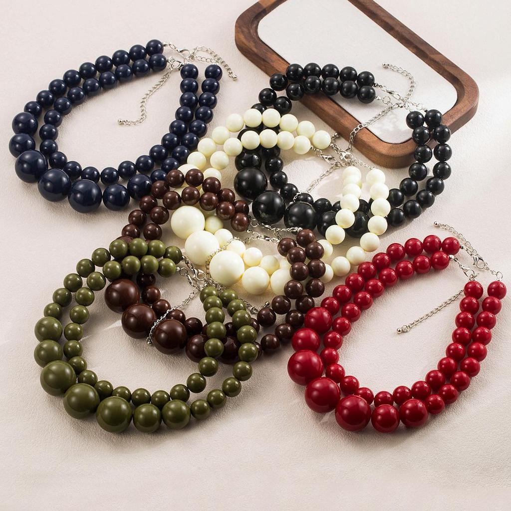 Retro Double Layer Resin Beaded Necklace - Exaggerated Layered Handmade Collarbone Chain