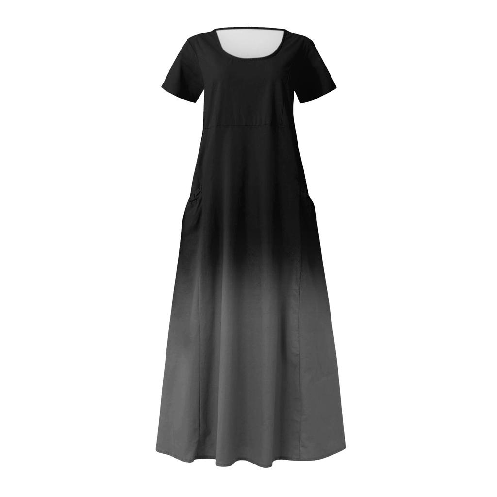 Women's Summer Casual Round Neck Short Sleeve Gradient  Print  Dress With Pockets