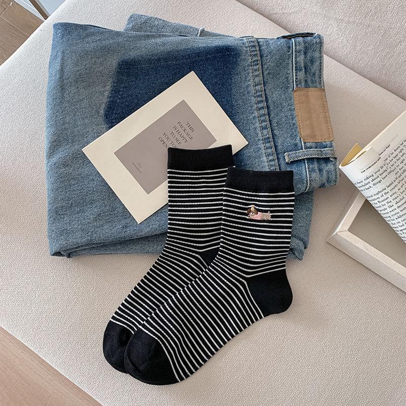 

New Style Striped Contrasting Color Medium Tube Socks Embroidered Dog Combed Cotton Four-Season Stacking Socks One size fits all чорний
