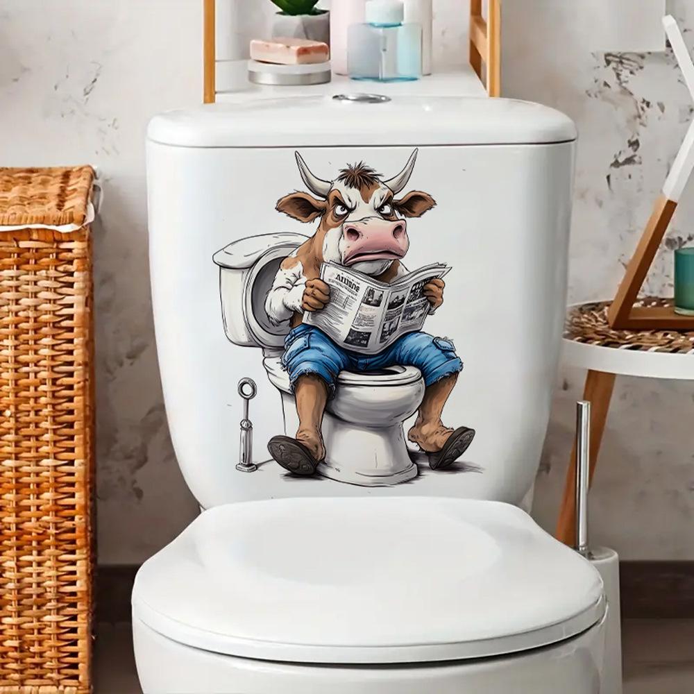 3D Funny Cartoon Calf Reading Newspaper On Toilet Wall Sticker Self-Adhesive Waterproof Removable Bathroom Home Decor Art